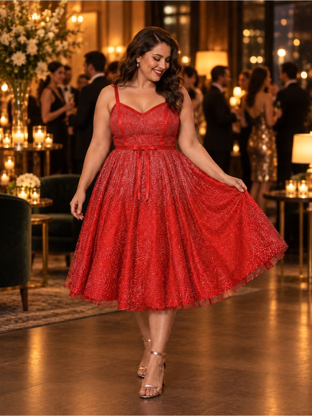 ModCloth x Collectif Christmas Party Red Glitter Fit & Flare Holiday Dress Large